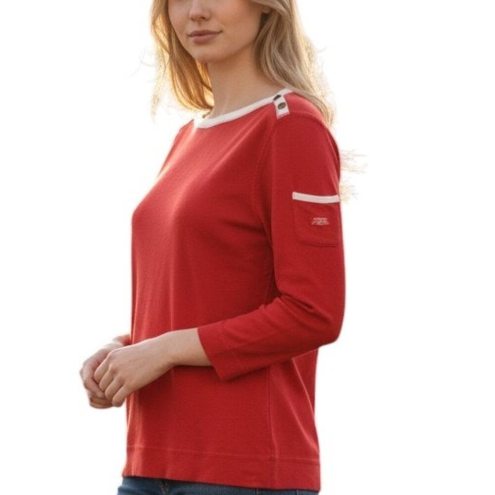 Lauren Ralph Lauren Top Button Shoulder Red White Trim Boatneck Pocket Women M/L